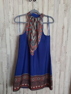 Bright Blue Halter Dress with Tribal Print Accents